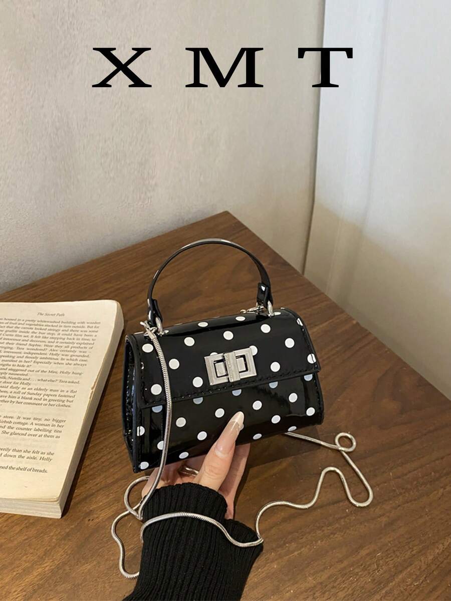 Mini sac à main et sac à bandoulière à rabat verrouillable de style mode minimaliste à motif pois, sac fourre-tout avec imprimé à pois et motif de rouge à lèvres de style français, mini sac de ville, de soirée, polyvalent - Noir - Voir 1