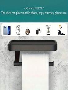 1pc Wall-Mounted Toilet Paper Holder With Phone Storage Shelf, Self-Adhesive No-Drill Waterproof Toilet Paper Rack, Multi-Function Bathroom Storage Shelf For Phone And Small Items, Space-Saving Home And Hotel Bathroom Daily Storage Accessory - Multicolor - View 7