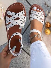 2026 New Arrival: Plus-Size Retro Polka-Dot Flat Sandals With Large Bow; Black, White, And Beige Sweet Cross-Strap Design With Open-Back; Stylish, Versatile, And Comfortable; Perfect For Vacations, Commuting, And Dates - White - View 3