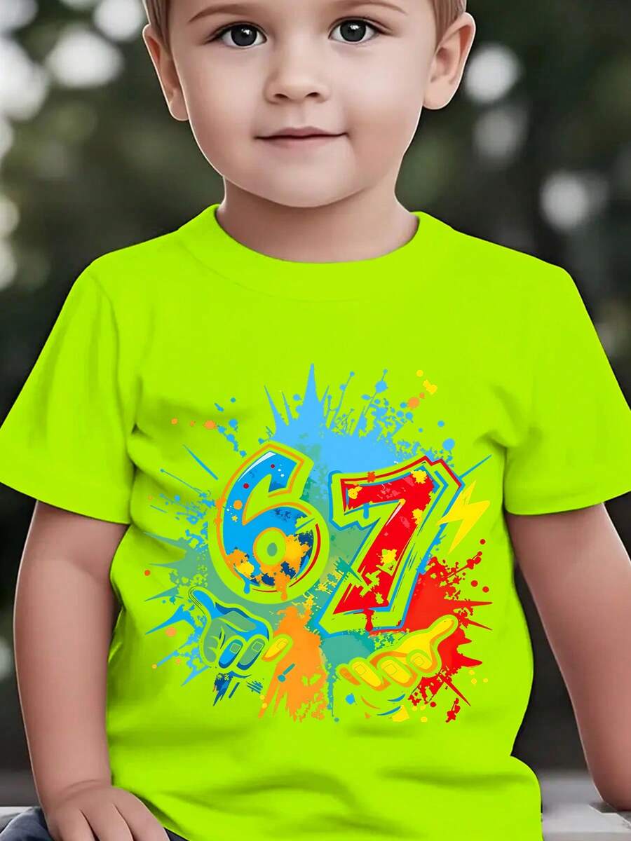 Boys' Short-Sleeved T-Shirt, Summer Fashion, With Cartoon Print Of The Number 67 With Ink Splatters, Ideal For Casual Outdoor Activities, NY-DX9594 - 粉色 - 查看 1