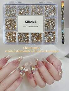 KIRAME 960顆香檳色平底水鑽，高品質超亮美甲寶石套組，含1件點花工具，1-5mm亮面美甲水晶，適用DIY居家美甲、美甲沙龍、美甲用品、夏季與旅行美甲、節日禮物美甲飾品 - 香檳色 - 查看 4