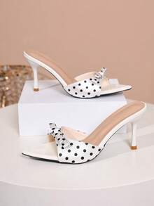 2026 Sommer Neu Weiß mit schwarzen Polka Dots Satin Schleife Spitzschuh Stiletto Absatz Mule Pantoffeln für Damen, vielseitige Pendler Schuhe - Weiss - Übersicht 9