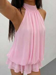 Elegant Sleeveless Mini Dress With Tie Collar In Pale Yellow, Suitable For Parties, Dates, Autumn/Winter And Spring/Summer - 粉色 - 查看 6
