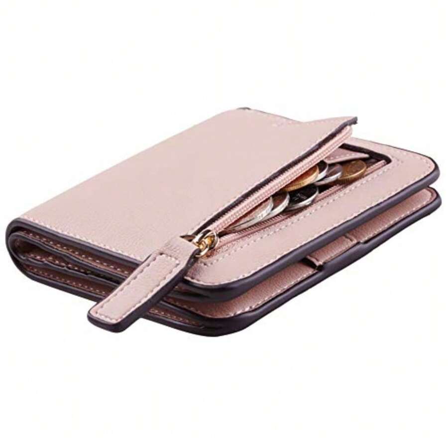 Toughergun Women's Small Slim Leather Wallet With RFID Protection, Compact Bifold Mini Purse With Clear ID Window - 08 雷納帕粉紅香檳 - 查看 1