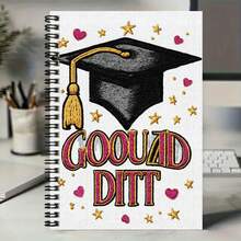 1 pieza Cuaderno de espiral exclusivo de temporada de graduación, con portada bordada con diseño de gorra de graduación, decorado con estrellas y corazones, con texto "GOOD DIT" prominente y llamativo. Capacidad de 100 páginas, adecuado para registros de trabajo, notas de estudio, escritura de diarios, también una opción de regalo pensativa para graduación, cumpleaños. - B - Ver 5