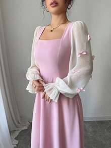 Vestido de mujer con parches tejidos, decoración de lazo y cintura ceñida - Rosa - Ver 6
