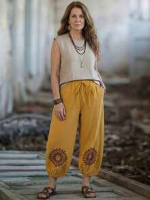 Pantalones holgados de estilo harem casuales con bolsillos laterales, cintura elástica, estampado abstracto y lavado de algodón 100% amarillo mostaza para mujer, de estilo bohemio de verano - Mostaza Amarilla - Ver 5