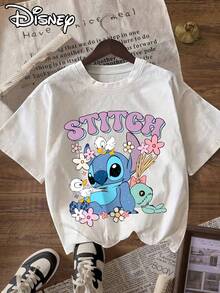 Disney Stitch Women's T-Shirt With Floral Pattern And Letter Print, Casual Round-Neck Short-Sleeve Shirt, Perfect For Everyday Wear. - 白色 - 查看 1