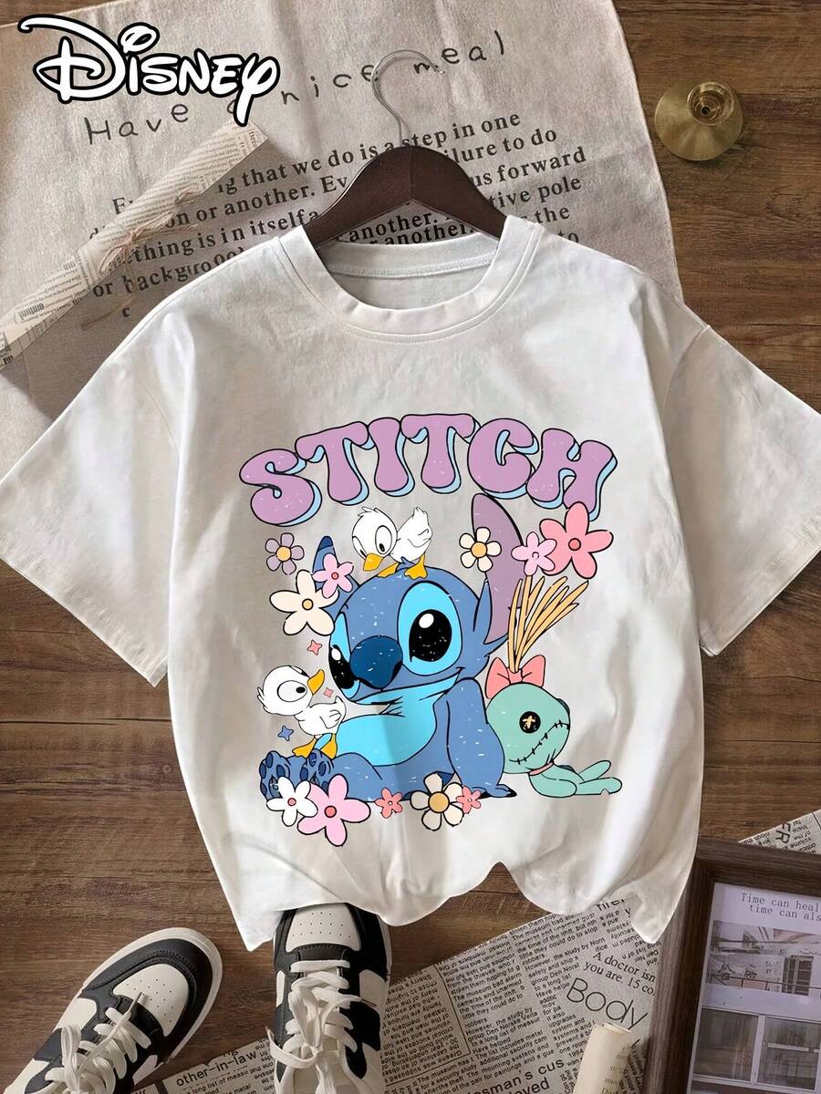 Disney Stitch Women's T-Shirt With Floral Pattern And Letter Print, Casual Round-Neck Short-Sleeve Shirt, Perfect For Everyday Wear. - 白色 - 查看 1