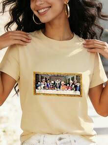 Last Supper Art Print Digital Print Short Sleeve Unisex Pure Cotton Loose And Comfortable - 杏色 - 查看 1