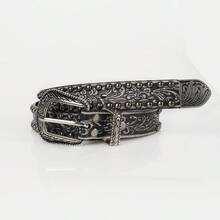New Vintage Distressed 's Belt With Rivets And Embossed Details, Unique Retro Pin Buckle Leather Belt For Men - Coffee Brown - View 3