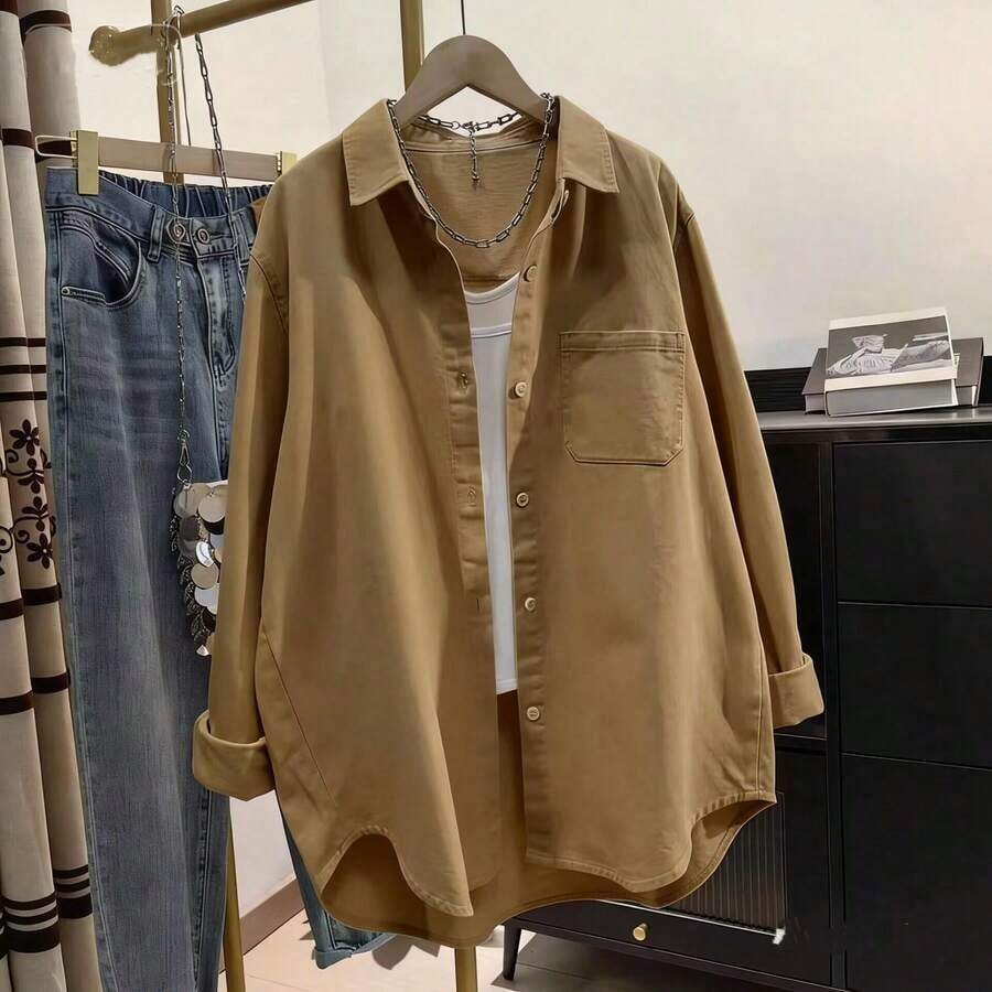 Camisa casual de mujer de unicolor con bolsillo y botones delanteros, primavera - Caqui - Ver 1
