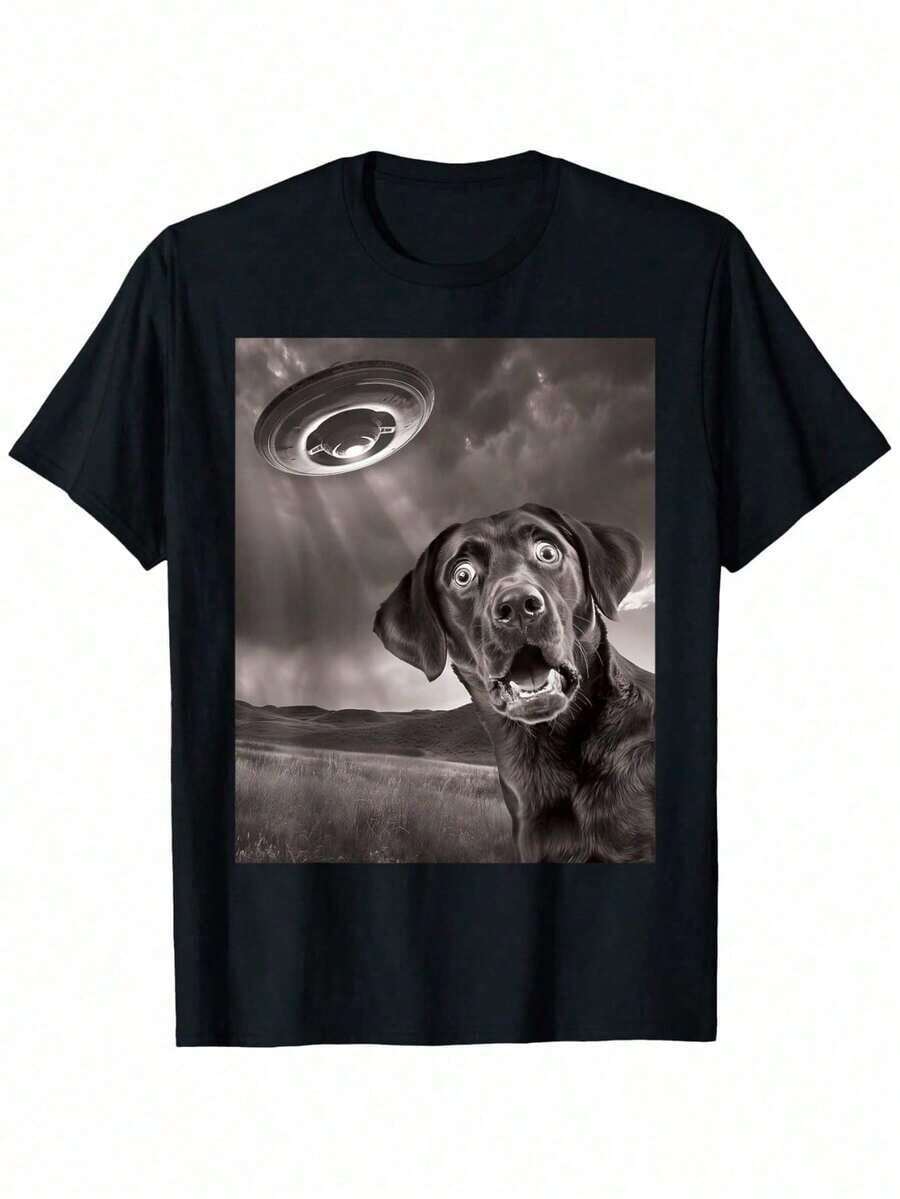 Funny Black Labrador UFO Selfie T-Shirt - 100% Cotton, Casual Short Sleeve 3D Dog Print T-Shirt, Sizes S-XXXL, Machine Washable Crew Neck T-Shirt For Casual Wear And Clothing For Labrador Lovers - 黑色 - 查看 1