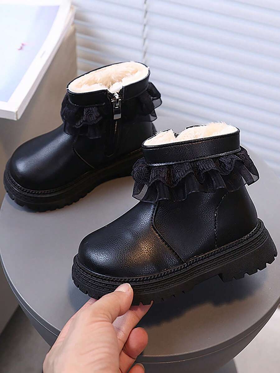 1 Pair Girls' Princess Style Ankle Boots, Solid Color Soft PU With Bowknot + Mesh Collar Decor, Round Toe With Inner Side Zipper Design, Classic Versatile Ankle Boots For Daily Wear, School, Holidays And Gatherings - Black - View 1