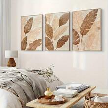 3pcs Set Abstract Leaf Canvas Prints In Rice Brown - Frameless Wall Art For Living Room, Bedroom, Dining Area - Perfect Home Decor Gift, For Autumn - 222 - View 3