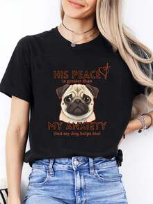 Plus Size Women's Clothing: Plus Size Blouse Style T-Shirt With Adorable Puppy Print - Casual Short Sleeve Crew Neck Top With Lovely Puppy Design, Machine Washable, Suitable For Daily Wear And Valentine's Day Outfits, Comfortable Pet Themed Clothing For All Year Round, Dedicated To Dog Lovers. - 黑色 - 查看 1