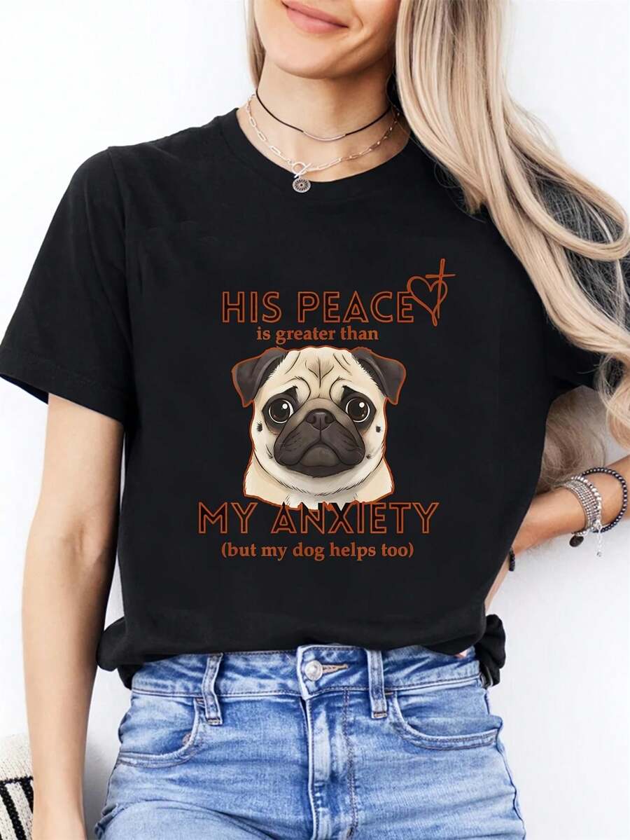 Plus Size Women's Clothing: Plus Size Blouse Style T-Shirt With Adorable Puppy Print - Casual Short Sleeve Crew Neck Top With Lovely Puppy Design, Machine Washable, Suitable For Daily Wear And Valentine's Day Outfits, Comfortable Pet Themed Clothing For All Year Round, Dedicated To Dog Lovers. - 黑色 - 查看 1