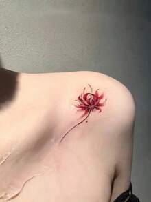 1张纹身贴纸，墨水风格红色彼岸花，简约艺术竖款纹身图案，临时纹身贴纸，可水洗PVC材质，一次性使用，防水防汗，可贴于手掌、手臂、腰部、腹部、背部、腿部，不反光，逼真纹身设计，适合旅行、音乐节、游戏、毕业礼物、日常使用，可持续3-5天 - 彩色 - 查看 3