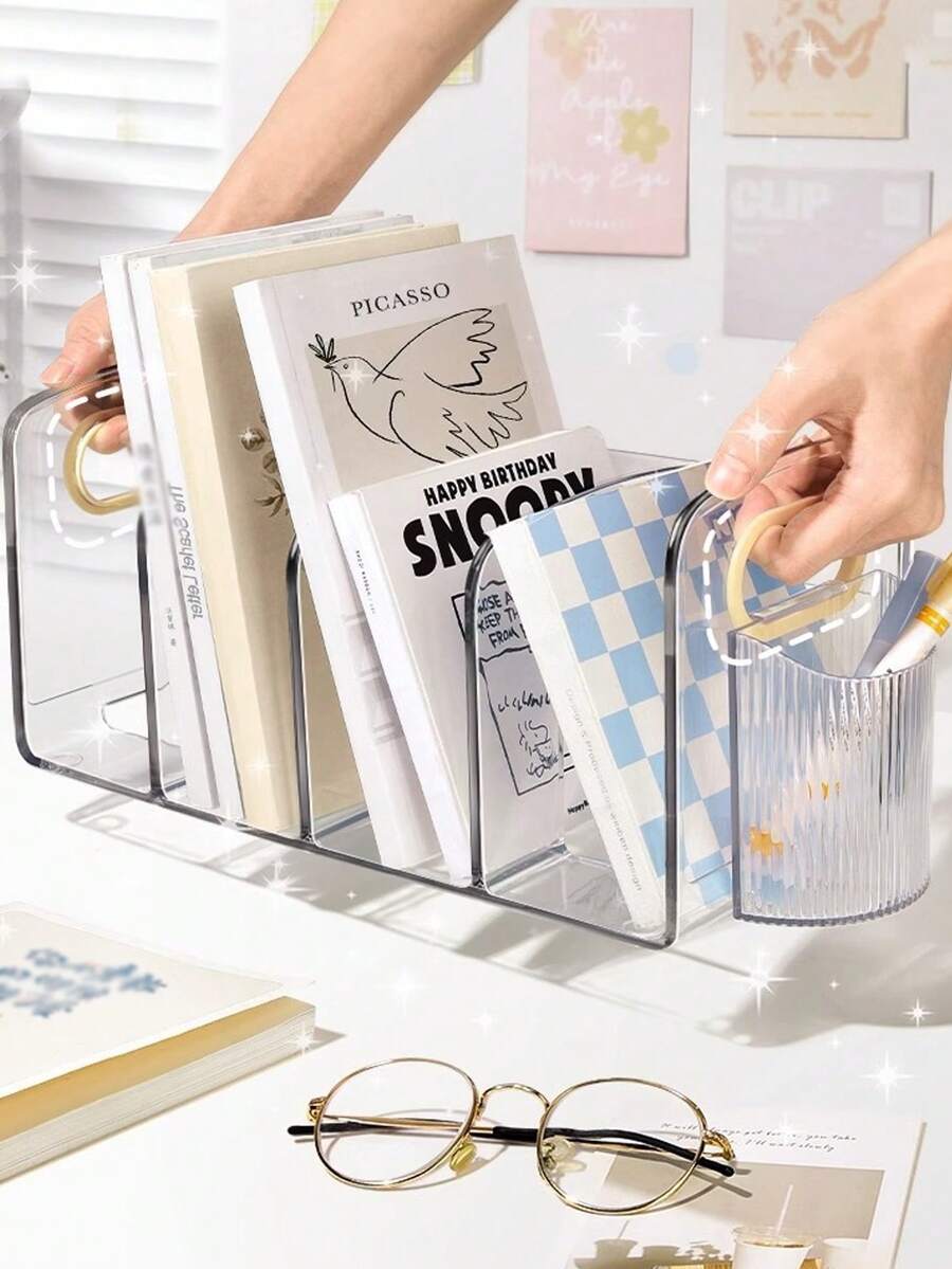 Organizador de escritorio de acrílico transparente con múltiples compartimentos, que incluye portaplumas, sujetadores de libros y organizador de archivos, caja de almacenamiento de papelería minimalista y transparente para el hogar u oficina - multicolor - Ver 1