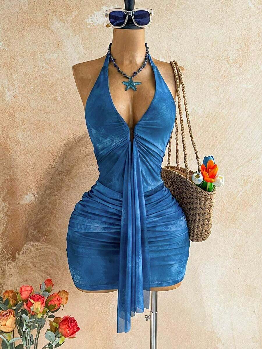 Vestido mini con estampado floral, diseño de lazo y escote halter, para vacaciones - Multicolor 6 - Ver 1