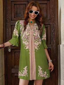 Clasi Vestido elegante con estampado floral y escote calado para mujeres, vestidos de graduación para mujeres, vestido de cintura baja, estilo boho country, ropa de mujer boho - Verde - Ver 2