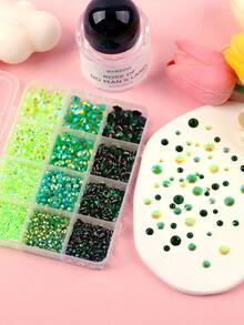 12格綠色樹脂水鑽平底鑽飾套組，3mm 4mm 5mm，適用於美甲DIY手工、珠寶、手機殼裝飾、美甲飾品 - 綠色 - 查看 4