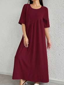 Vestido casual de fiesta con cuello redondo y plisado de unicolor, adecuado para el verano - Burdeos - Ver 12