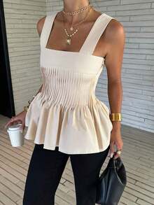 Top de tirantes con cuello cuadrado, bajo con volantes y pliegues en unicolor para mujer, versátil para uso diario, vacaciones y verano casual - Albaricoque - Ver 7
