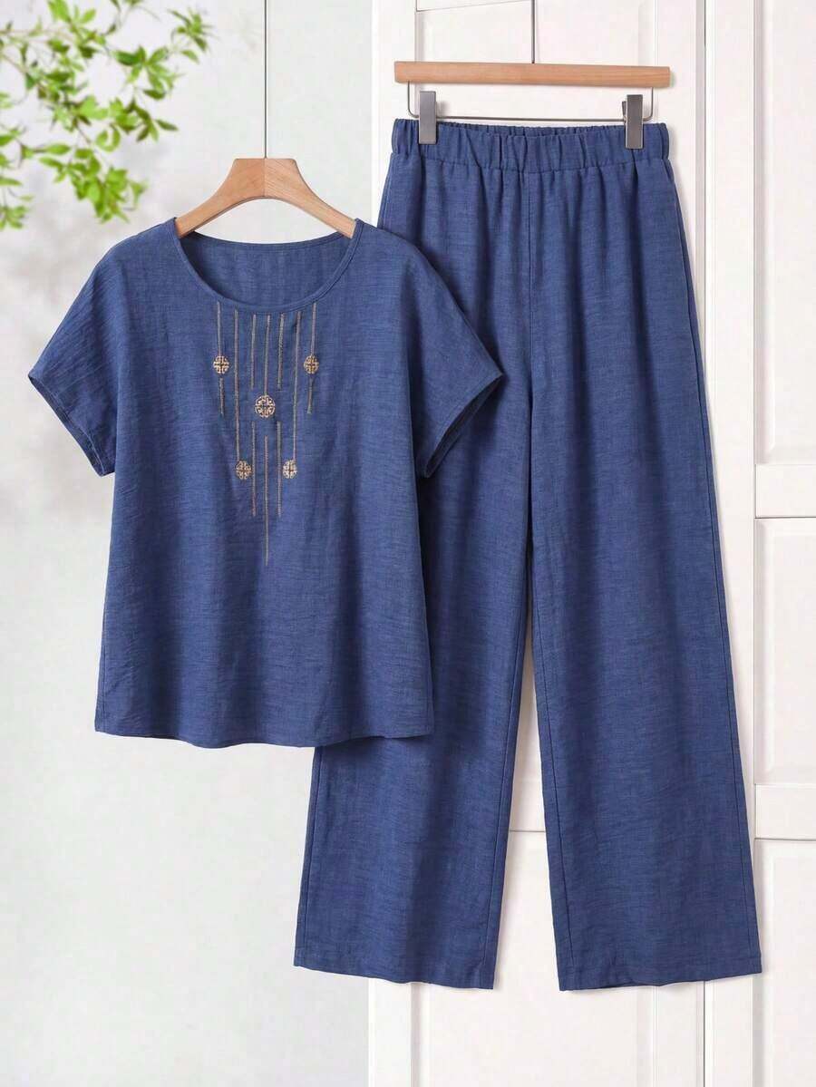 Conjunto de top de manga de murciélago con estampado floral y pantalones de pierna ancha, adecuado para primavera, verano y otoño. Conjunto de ropa de verano para mujer, atuendo de vacaciones, estilo europeo, conjuntos de verano casuales, ropa de vacaciones tropicales para mujer, atuendos de verano para mujer, atuendos casuales de primavera para mujer - Azul - Ver 1