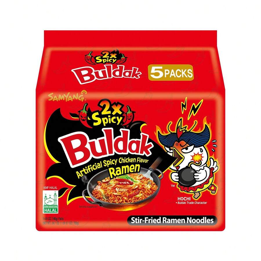 Samyang Buldak Hot Chicken Ramen, Korean Stir-Fried Instant Noodle, 2X Spicy, 4.94 OZ(140g), Pack Of 5 - 4.94 Ounce (Pack Of 5) - View 1