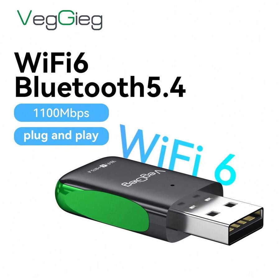 VegGieg 2-In-1 USB WiFi 6 + Bluetooth 5.4 Adapter, Plug And Play, 1100Mbps High-Speed Transmission, Wireless WiFi Receiver + Bluetooth Adapter For Desktop And Laptop - Black - View 1