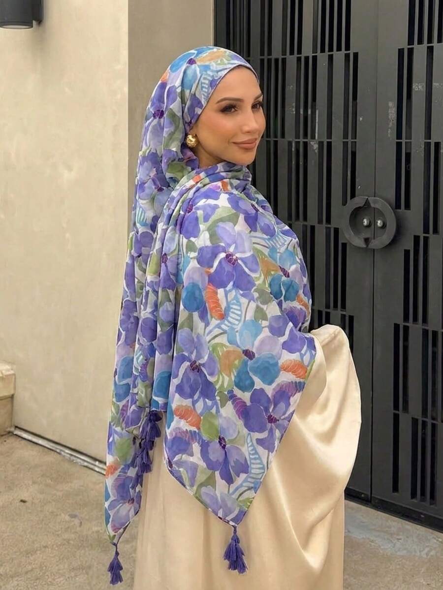 88x180cm Pañuelo grande de 100% algodón con estampado floral azul, chal largo para mujer, pañuelo ligero y suave para viajes y protección solar - Azul - Ver 1