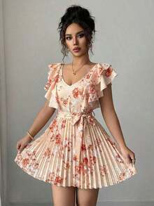 Vestido elegante y romántico para mujer con cuello en V con volantes, cintura plisada, estampado de lunares y corte evasé para vacaciones - Multicolor 5 - Ver 6