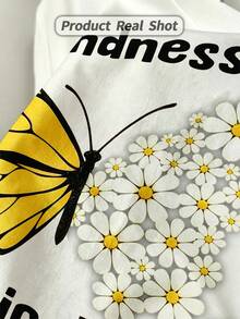 Women's Summer Casual Soft Round Neck Short Sleeve T-Shirt,Kindness Butterfly Daisy Print Graphic Suitable For Spring And Summer.White - White - View 3