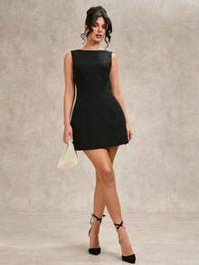 Vestido negro elegante y sencillo sin mangas, ajustado, con espalda descubierta, lazo en el bajo y silueta evasé, vestido negro, vestido para cita de San Valentín, vestido de dama de honor, pequeño vestido negro chic - Negro - Ver 2