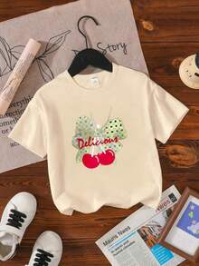 Delicious Cherry Pattern Printed T-Shirt For Kids - Apricot - View 6
