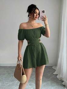 Mono informal de mujer casual para vacaciones con hombros descubiertos y lazo en la espalda - Verde - Ver 4