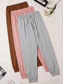3pcs Comfortable Solid Color & Printed Women's Pajama Pants, Polyester Knit Fabric, Casual Style Ladies Trousers, Lightweight Soft Pants For Spring, Summer & Autumn - Multicolor - View 2