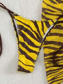 3pcs/Set Women's Sexy Backless Tie-Knot Allover Print Bikini Swimwear, Suitable For Beach, Resort, Stage And Concert In Summer Vacation Yellow - Yellow - View 7