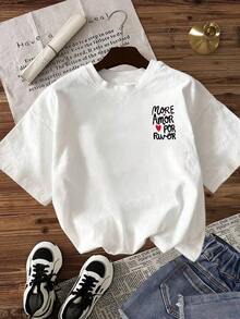 Women's Short-Sleeved Crew Neck T-Shirt With Letter Print, Casual Summer Style - Vintage Street Style Unisex Loose Cotton Short Sleeve Crew Neck T-Shirt. Blouses For Women. Casual Blouses For Ladies. - 白色 3 - 查看 2
