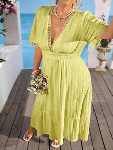 Vestido de mujer talla grande, romántico y elegante con parches de encaje, para uso casual, vacaciones, playa y uso diario, primavera/verano - Mostaza Amarilla - Ver 4