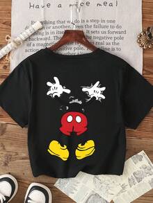 Kids' Disney Mickey Mouse Double-Sided T-Shirt, Featuring Breakthrough Mickey On Front And Mickey Body Print On Back, White Casual Cotton Short Sleeve Tee For Boys And Girls, Perfect For Disney Trips And Everyday Wear - màu đen - Xem 5