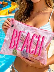 多色防水時尚網格海灘包，印有「Beach」圖案，大容量透明化妝包，海灘主題，防曬收納，適合春夏季，適用於游泳、海灘、潛水和夏季度假，學生返校，送給朋友、家人、閨蜜、同學的禮物。生日、節日、派對、婚禮（伴娘）、教師節的完美禮物和紀念品。郵輪必備，畢業、夏季度假、返校、開學禮物 - 彩色 - 查看 10