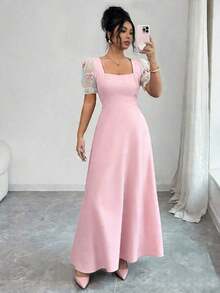 Vestido de manga corta con cuello cuadrado, decoración de lazo 3D y parches de malla - Celeste - Ver 8