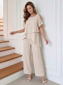 Conjunto informal de mujer con top de cuello redondo de unicolor y pantalones de pierna ancha - Albaricoque - Ver 5