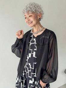 Chaqueta casual y versátil de mujer de color negro sólido con parches, dobladillo y puños de malla transparente, adecuada para salidas, viajes, vacaciones, otoño/invierno, ropa de mujer, abrigos de mujer - Negro - Ver 7