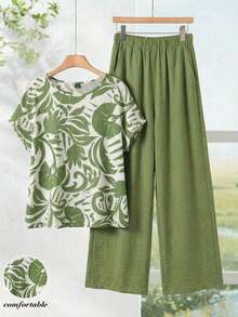 Conjunto de top de manga de murciélago con estampado floral y pantalones de pierna ancha, adecuado para primavera, verano y otoño. Conjunto de ropa de verano para mujer, atuendo de vacaciones, estilo europeo, conjuntos de verano casuales, ropa de vacaciones tropicales para mujer, atuendos de verano para mujer, atuendos casuales de primavera para mujer - Verde - Ver 3