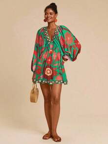 Vestido de gasa con cuello en V y manga larga con estampado floral para mujer, adecuado para vacaciones, estilo de vacaciones, estampado gráfico tejido, atuendos casuales de verano para vacaciones, atuendos de vacaciones en la playa bohemia, ropa bohemia chic, atuendos de festivales de vacaciones, atuendos de playa para mujer, atuendos de verano para mujer, atuendo de graduación, atuendos de cumpleaños para mujer, artículos esenciales de playa, atuendo de aeropuerto para mujer, vestido de té, vestido de cumpleaños, vestido de verano, verano europeo, ropa bohemia para mujer, vestido elegante para mujer - Azul - Ver 3