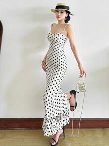 Women's Polka Dot Dress, Short Sleeve, Long Length, Suitable For Commuting, Office Casual, Cute And Stylish, Figure-Flattering, Elegant, Retro, Spring/Summer. - Black and White - View 1