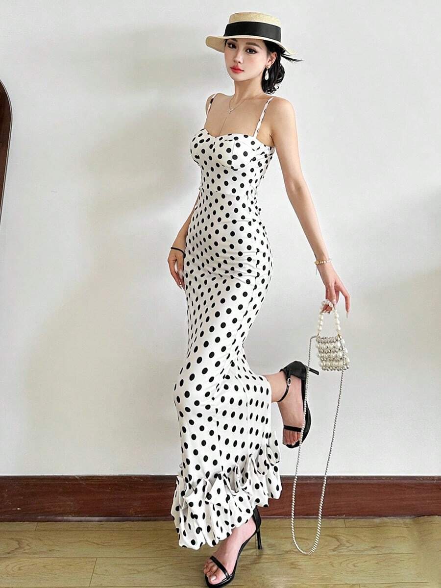 Women's Polka Dot Dress, Short Sleeve, Long Length, Suitable For Commuting, Office Casual, Cute And Stylish, Figure-Flattering, Elegant, Retro, Spring/Summer. - Black and White - View 1